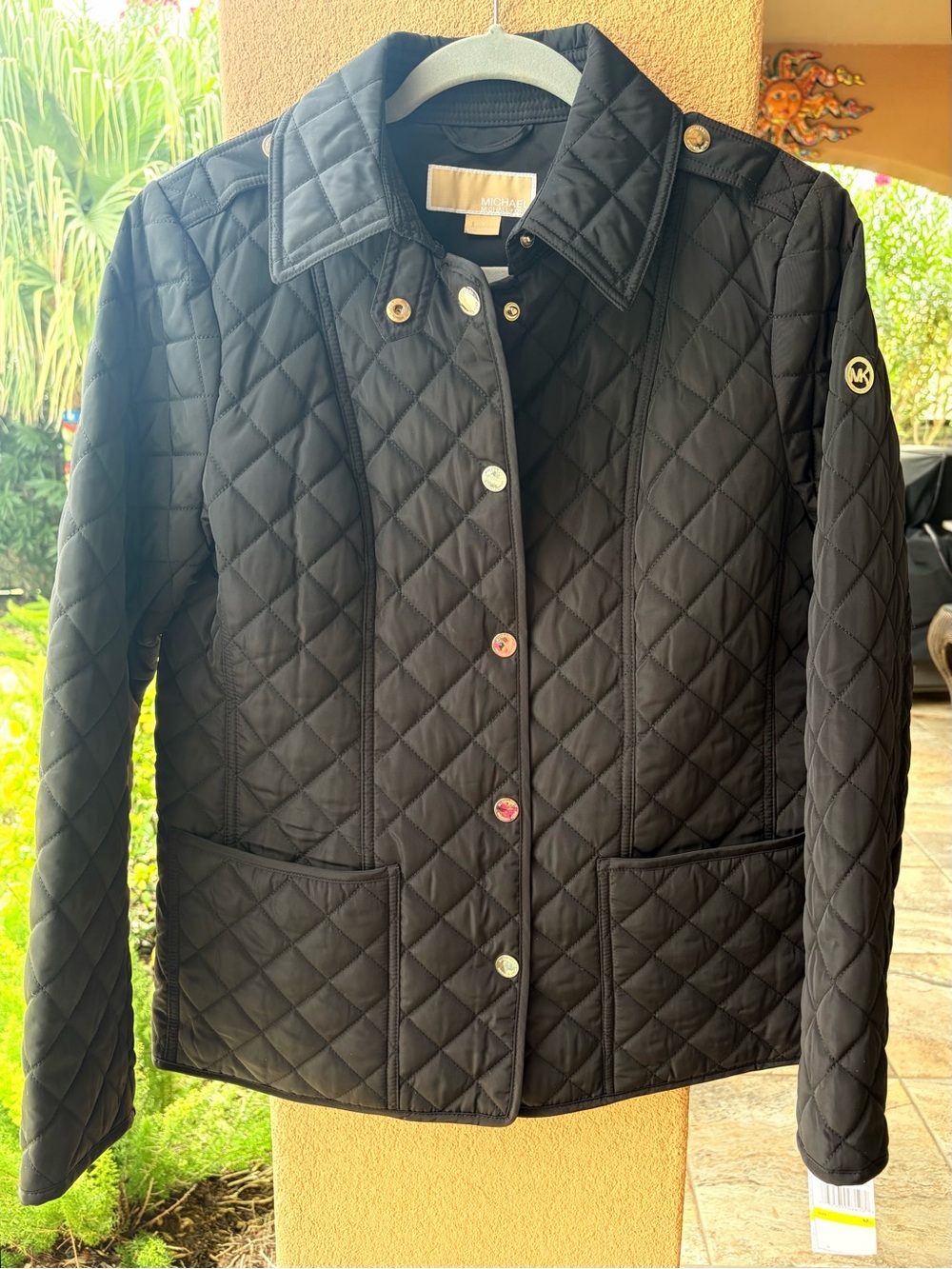 NWT Classic MICHAEL KORS Jet Black Diamond Quilted Jacket Gold Logos SZ MEDIUM